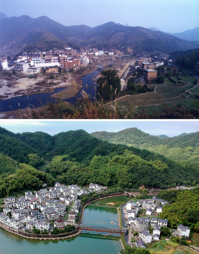 圖為浙江省杭州市淳安縣楓樹嶺鎮(zhèn)下姜村拼版圖，其中上圖為資料照片、下圖由新華社記者張鋮攝。